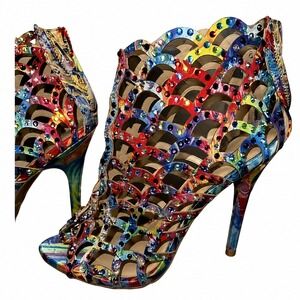 Zigi Soho Rhinestone Cage Heels 6 Multicolor Strappy Stiletto Open Toe Bright